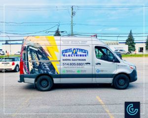 Partial vehicle wrap and lettering on the van 2020 Mercedes-Benz Sprinter High Roof for Megatron Électrique