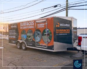 Complete trailer wrap on a 20-foot trailer for the rubber safety surfaces specialist Rhino Roc