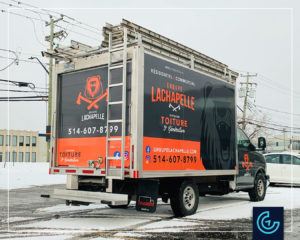 Complete truck wrap on a GMC truck with 10-feet container box for Groupe Lachapelle