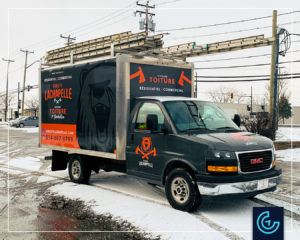 Complete truck wrap on a GMC truck with 10-feet container box for Groupe Lachapelle