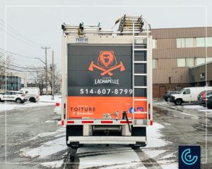 Complete truck wrap on a GMC truck with 10-feet container box for Groupe Lachapelle