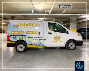 Vehicle wrap and lettering on the minivan 2017 Chevrolet City Express for the property management Imarca Inc.