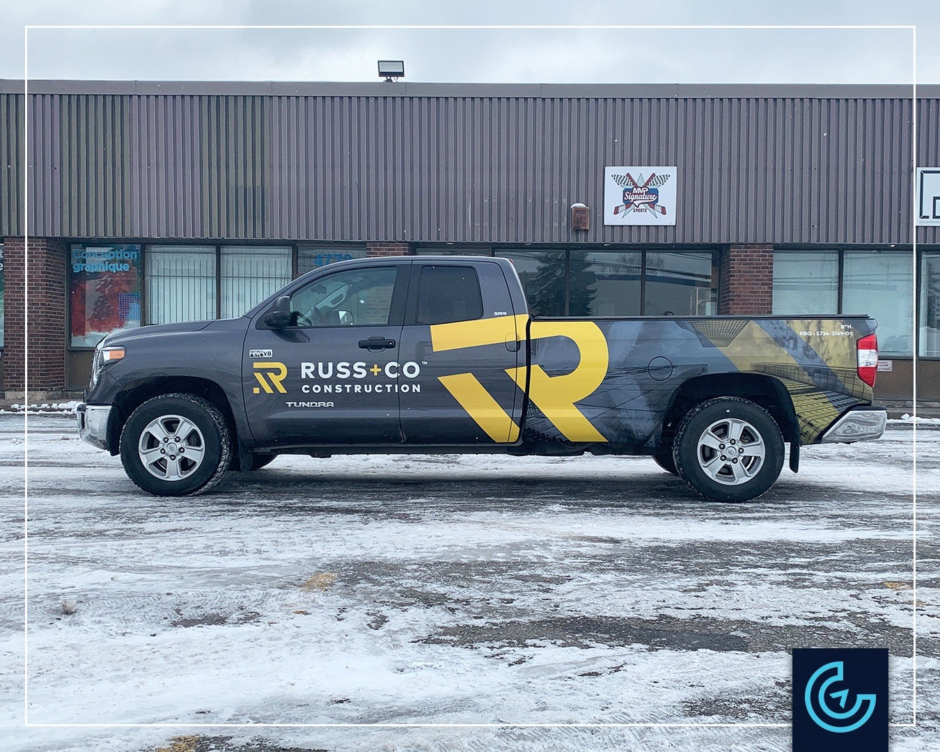 Vehicle wrap and lettering on a pick-up truck 2019 Toyota Tundra SR5 Crew Cab for RUSS+Co Construction.
