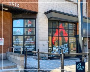 "Opening soon" window graphics for the new restaurant Poulet Rouge in Côte-des-Neiges