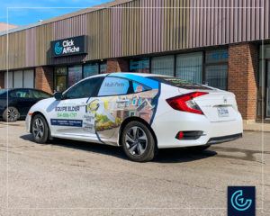 Semi vehicle wrap and lettering on a sedan car 2020 Honda Civic for the mortgage broker Elder Assurances et Services Financiers