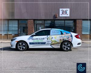 Semi vehicle wrap and lettering on a sedan car 2020 Honda Civic for the mortgage broker Elder Assurances et Services Financiers