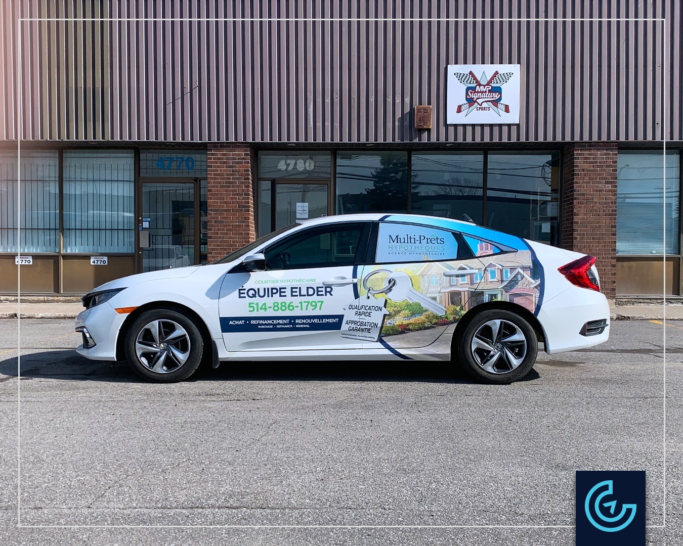 Semi vehicle wrap and lettering on a sedan car 2020 Honda Civic for the mortgage broker Elder Assurances et Services Financiers