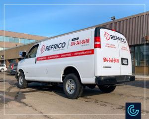Vehicle lettering on the van 2020 Chevrolet Express Cargo for Refrico, a division of Climatisation Morrison Inc.