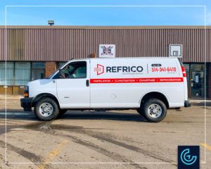 Vehicle lettering on the van 2020 Chevrolet Express Cargo for Refrico, a division of Climatisation Morrison Inc.