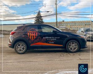 Semi vehicle wrap and lettering on the CUV 2020 Mazda CX-3 for the soccer academy Valencia C.F. Canada, sponsored by the real estate agent Chafik Mihoubi
