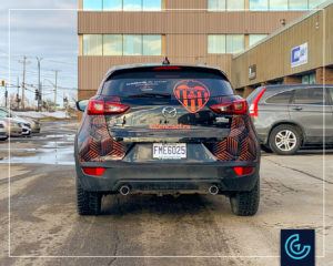Semi vehicle wrap and lettering on the CUV 2020 Mazda CX-3 for the soccer academy Valencia C.F. Canada, sponsored by the real estate agent Chafik Mihoubi