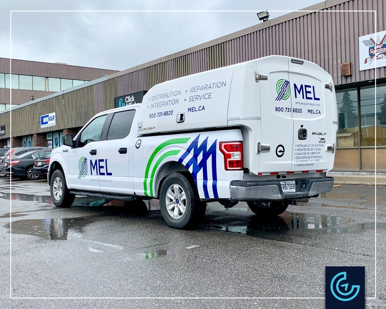 Branding vehicle lettering on a pick-up truck 2020 Ford F-250 Crew Cab with a SpaceKap Wild toolbox for Moteurs Électriques Laval (MEL)