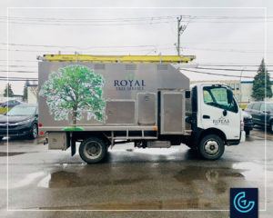 Truck lettering on Hino 195 truck with a custom production box for Royal Tree Service