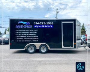 Partial trailer wrap and lettering on a 15-feet enclosed trailer for Aqua Spray