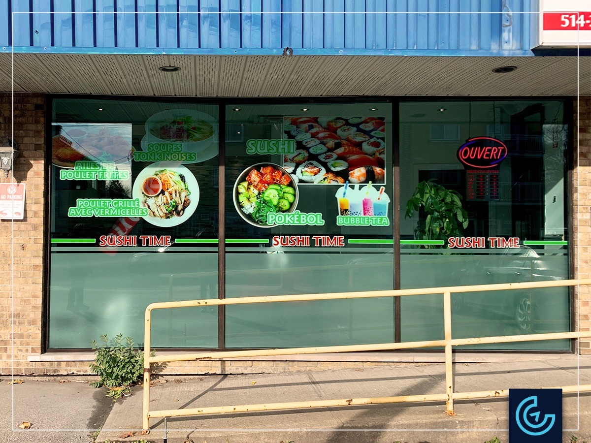 Storefront advertising window graphics for the fusion Asian restaurant Sushi Time Charleroi in Montreal-Nord
