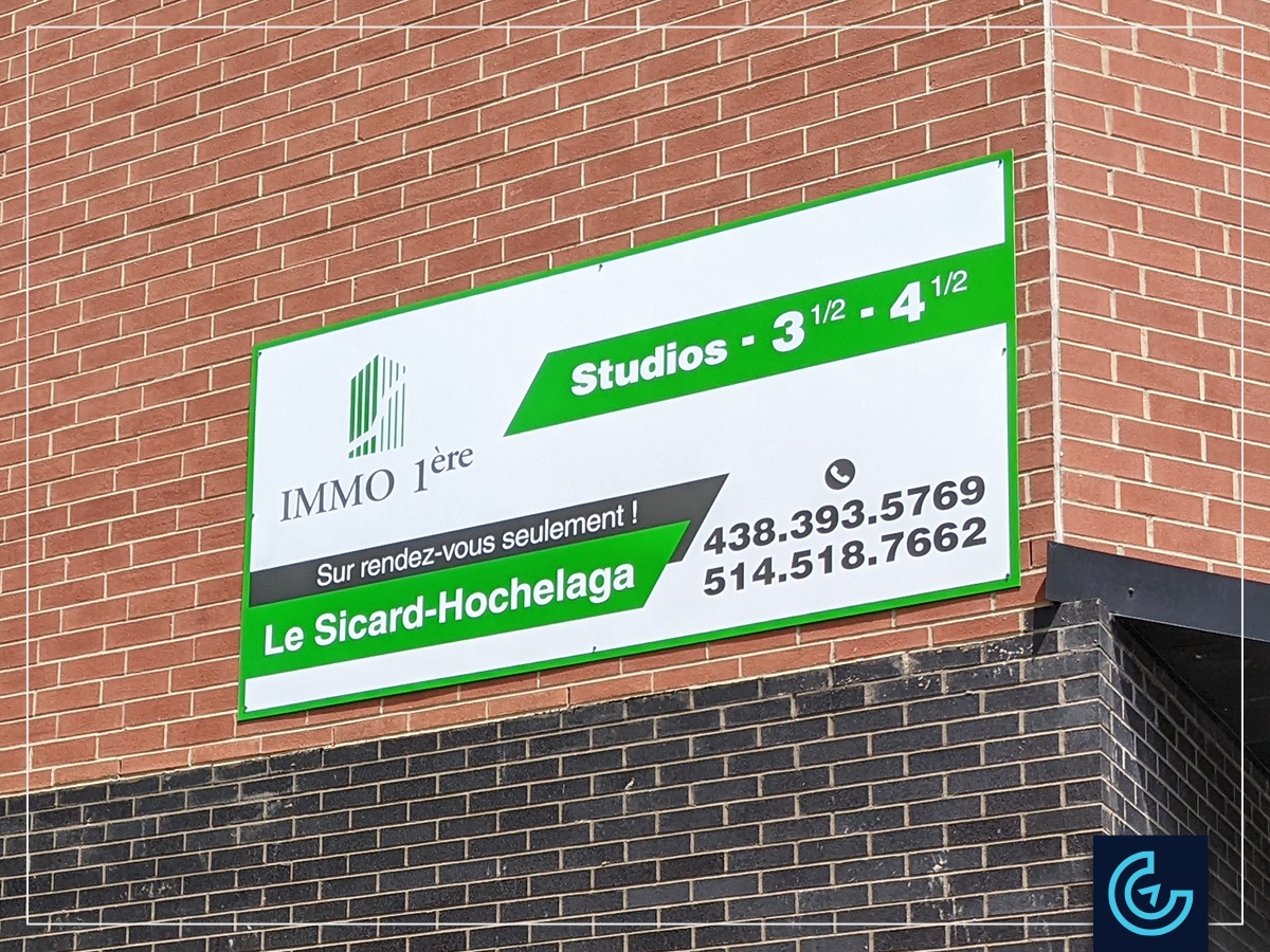 Apartment renting signs in alupanel printed and installed for the real estate management Immo 1ère.