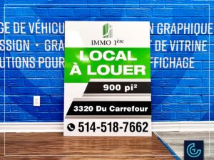 Custom-built apartment rentals sign panel with replaceable and slide-able information system for the property management company Immo 1ère.