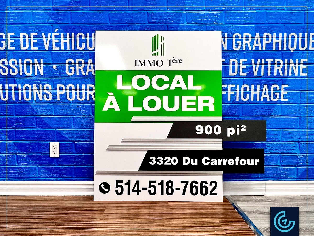 Custom-built apartment rentals sign panel with replaceable and slide-able information system for the property management company Immo 1ère.