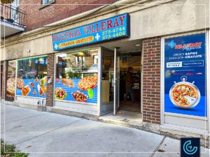 Advertising storefront window graphics designed, printed and installed for the pizza parlor Pizzeria Villeray.
