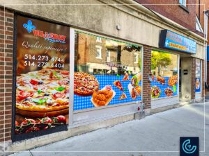 Advertising storefront window graphics designed, printed and installed for the pizza parlor Pizzeria Villeray.