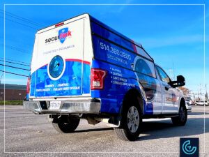 Partial pickup truck wrap on a 2017 Ford F-150 Regular Cab Long Bed with a utility body for the security solutions provider Securlink.