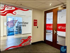 Office glass window and door graphics decoration for the Montreal office of the game developer NetEase.