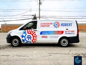 Vehicle lettering on a minivan 2017 Mercedes-Benz Sprinter Metris Cargo for the HVAC contractor Climatisation Chauffage Robert.