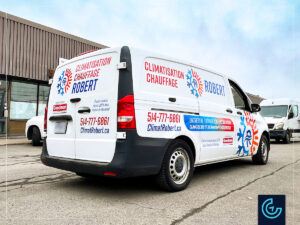 Vehicle lettering on a minivan 2017 Mercedes-Benz Sprinter Metris Cargo for the HVAC contractor Climatisation Chauffage Robert.