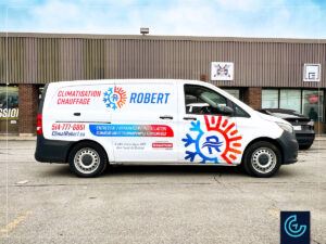Vehicle lettering on a minivan 2017 Mercedes-Benz Sprinter Metris Cargo for the HVAC contractor Climatisation Chauffage Robert.