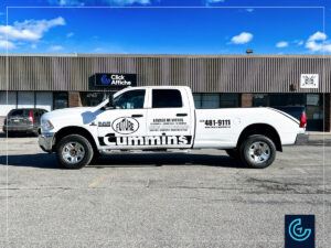 Pickup truck lettering on a 2013 RAM Lamarie 3500 Crew Cab Long Bed for window cleaning company Future.