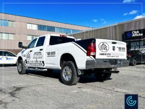 Pickup truck lettering on a 2013 RAM Lamarie 3500 Crew Cab Long Bed for window cleaning company Future.