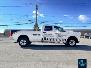 Pickup truck lettering on a 2013 RAM Lamarie 3500 Crew Cab Long Bed for window cleaning company Future.