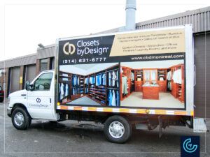 Truck cube wrap on a 2014 Ford E-350 with a 13-foot cargo box for the custom cabinet maker Closets byDesign.