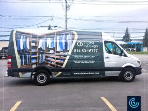 Van wrap on a 2015 Mercedes-Benz Sprinter Extended High Roof for the customer cabinetmaker Closets byDesign.