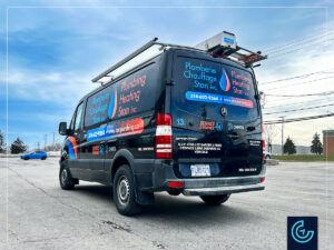 Branding vehicle lettering for HVAC contractor company on a 2016 Mercedes-Benz Sprinter Low Roof for Plumbing Heating Stan.