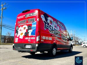 Van wrap on a 2020 Ford Transit Extended High Roof for the t-shirt and promotional items printer T-Shirt Time.