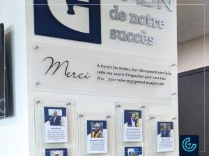 Employee recognition wall designed, fabricated and installed for Gerpro Construction to honor their long-time service employees.