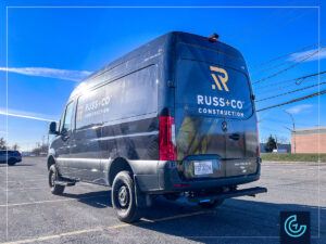 Commercial vehicle wrap on a full-size van 2024 Mercedes-Benz Sprinter High Roof for the construction company Russ+Co.