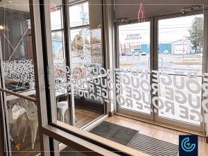Branding window graphics printed and installed for the restaurant franchise Poulet Rouge, branch in Sorel-Tracy.
