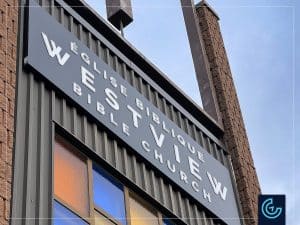 Illuminated storefront sign in push-thru letters style designed, manufactured and installed for Westview Bible Church in Pointe-Claire.