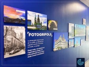 Graphiques muraux de bureau composés de toiles personnalisées, de cadres en tissu illuminés et d'autocollants découpés pour la société pharmaceutique internationale Grifols à Montréal.