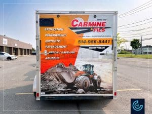 Complete trailer wrap on a 12-foot enclosed trailer designed, printed and installed for the construction and civil engineering company Carmine & Sons Inc.