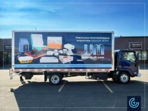 Full cargo truck wrap on a 2025 Hino S5 with a 20-foot cargo cube for the food packaging solutions company J.J. Marshall.