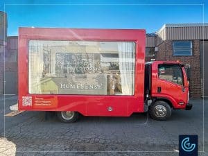 Complete vehicle wrap on a cargo truck 2022 Isuzu with a custom 12-foot cargo box, stylized as a mobile billboard for a publicity campaign by Homesense. Concept and marketing idea by Keystone Studios.