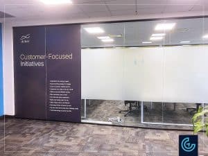 Dry-erase brainstorm white board and office branding decoration printed and installed for the smart home energy solution technology company DCBEL.