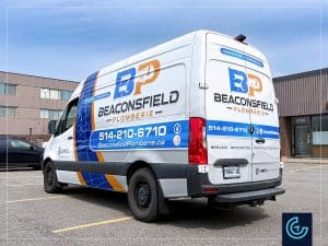 Commercial van partial wrap on a 2024 Mercedes-Benz Sprinter High Roof, regular length, for the plumbing entrepreneur Beaconsfield Plomberie.
