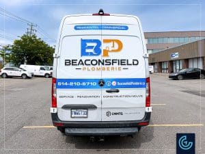 Commercial van partial wrap on a 2024 Mercedes-Benz Sprinter High Roof, regular length, for the plumbing entrepreneur Beaconsfield Plomberie.