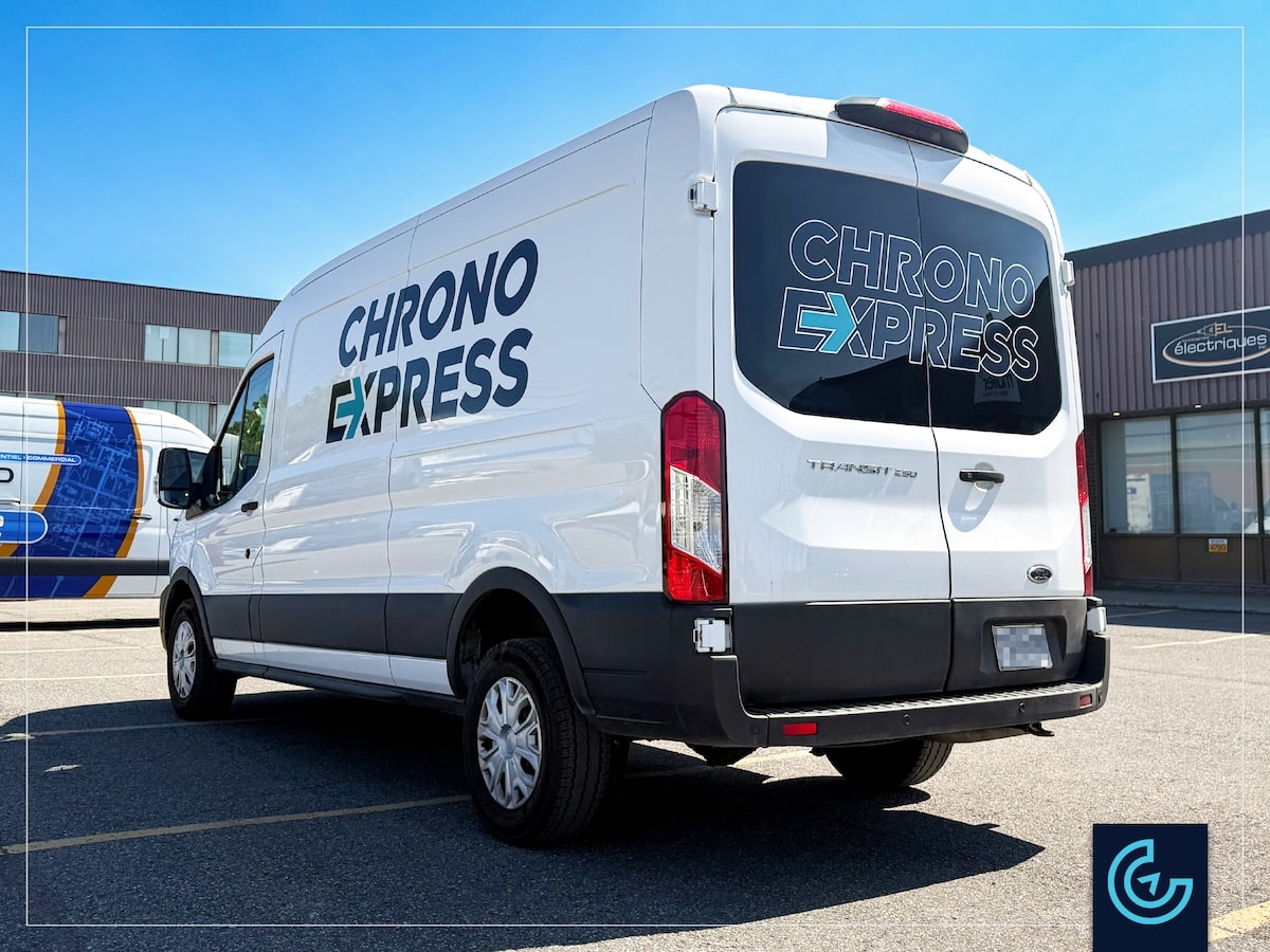 Vehicle lettering on a 2020 Ford Transit T250 High Roof for the delivery and transportation service Chrono Express.