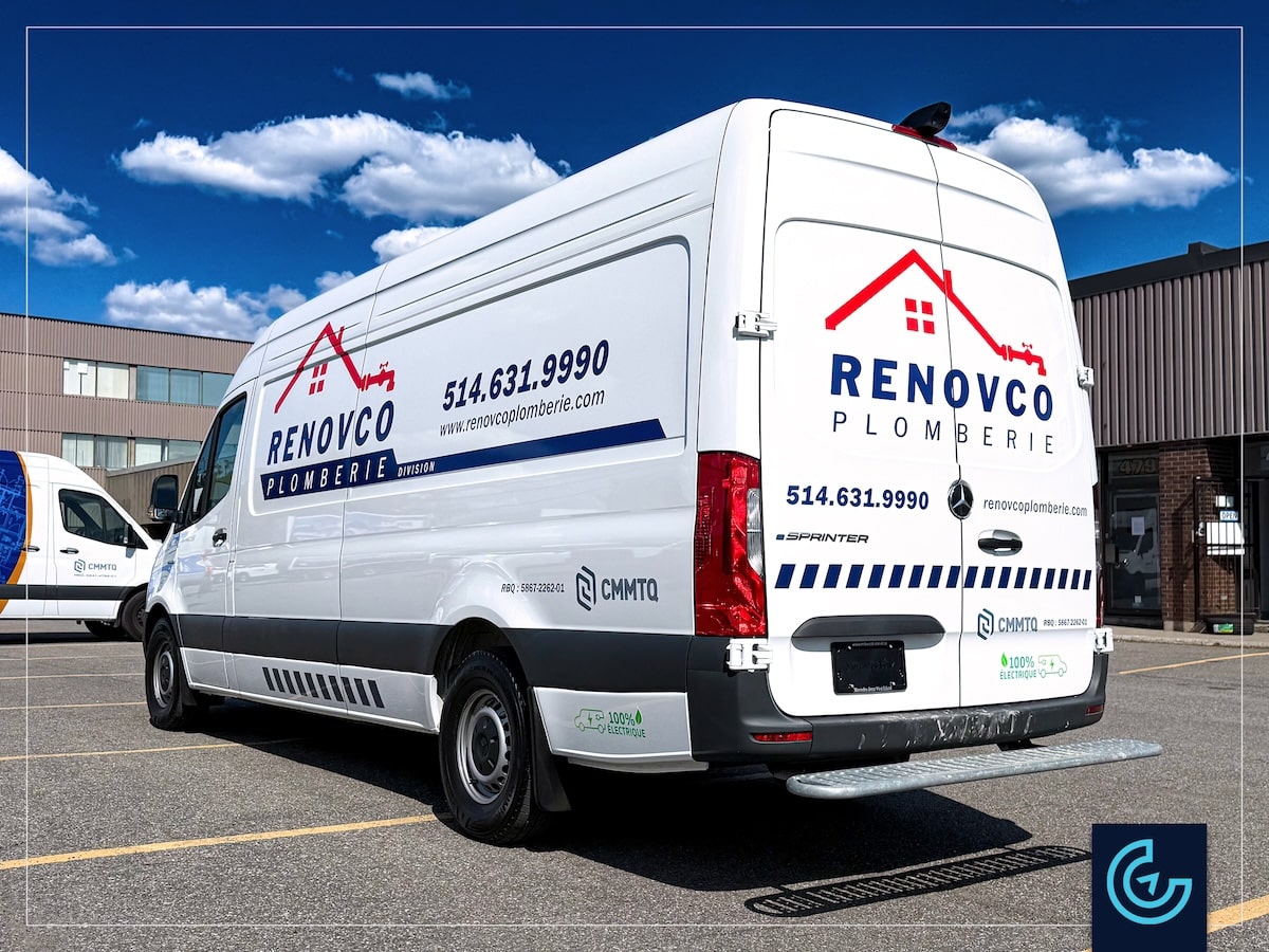 Van lettering on a 2025 Mercedes-Benz E-Sprinter High Roof Extended for the plumbing division of the general contractor Renovco.