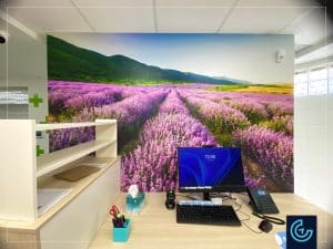 Wall graphics and sign in 3D acrylic letters for the pharmacy Familiprix in the Polyclinique 3285 in Laval.